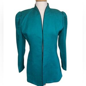 Vintage Donna Morgan Green w/black detail high collar puff sleeves jacketSize7-8